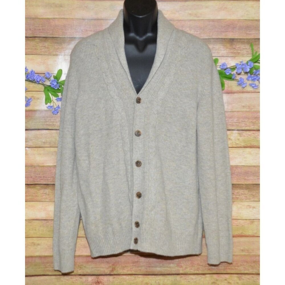 Joseph Abboud Mens L Brown Wool Blend Cable Knit Cardigan Sweater Elbow Patches